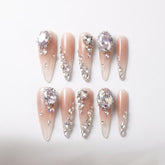 Nude Pink Gradient Big Swarovski Crystal Stiletto Press On Nails | Luxury Wedding Reusable False Nails