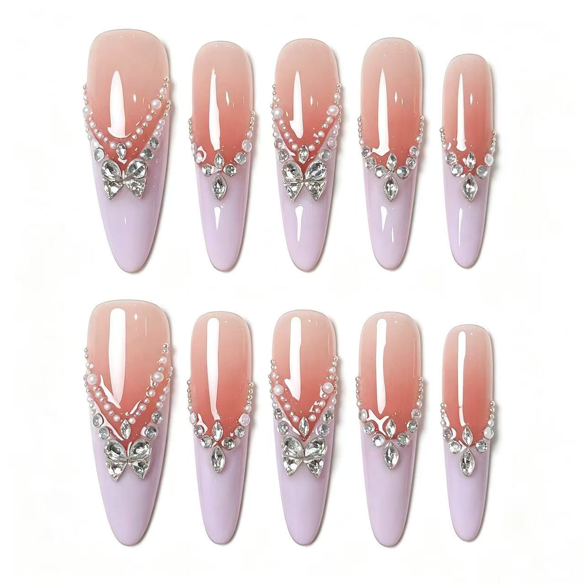 V-Shape Full Diamond Silver Glitter Press On Nails