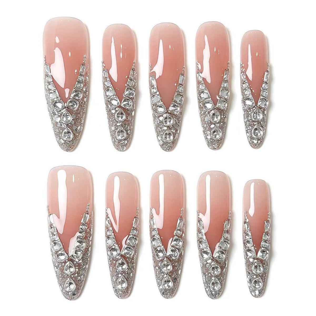 Pearl Zircon Silver Glitter Press On Nails