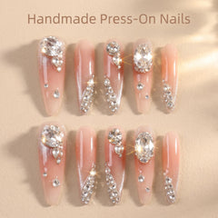 Silver Pink Gradient Pearl Zircon Press On Nails