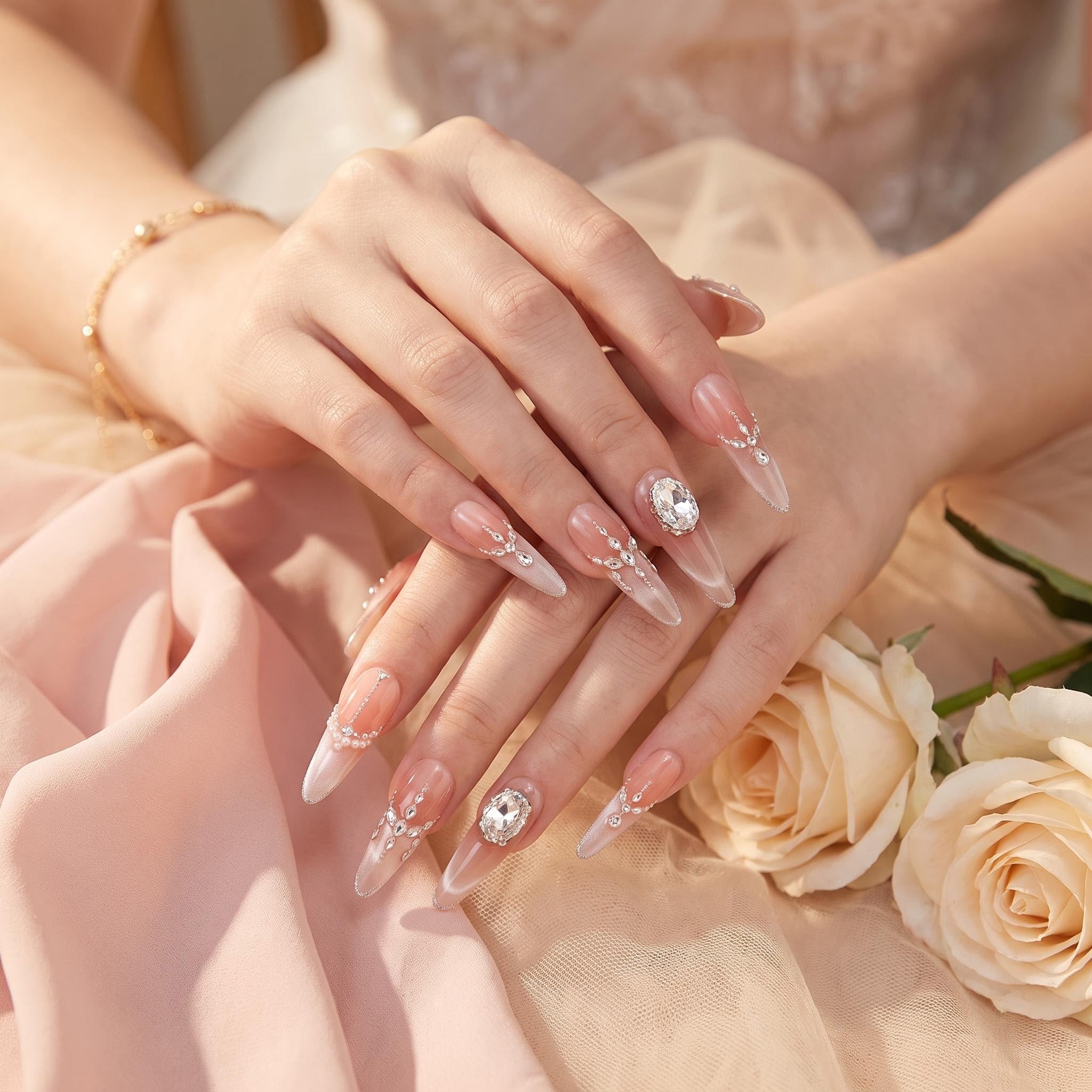 Cherry Blossom Crushed Diamond Pearl Press On Nails