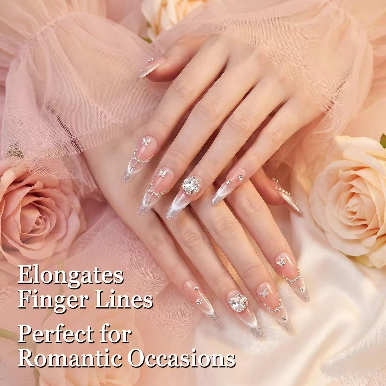 Pink Purple Gradient Pearl Zircon Press On Nails