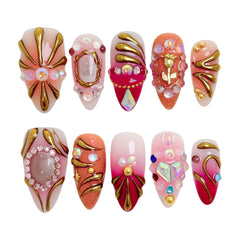Red Brown Polka Dot White Flower Press On Nails