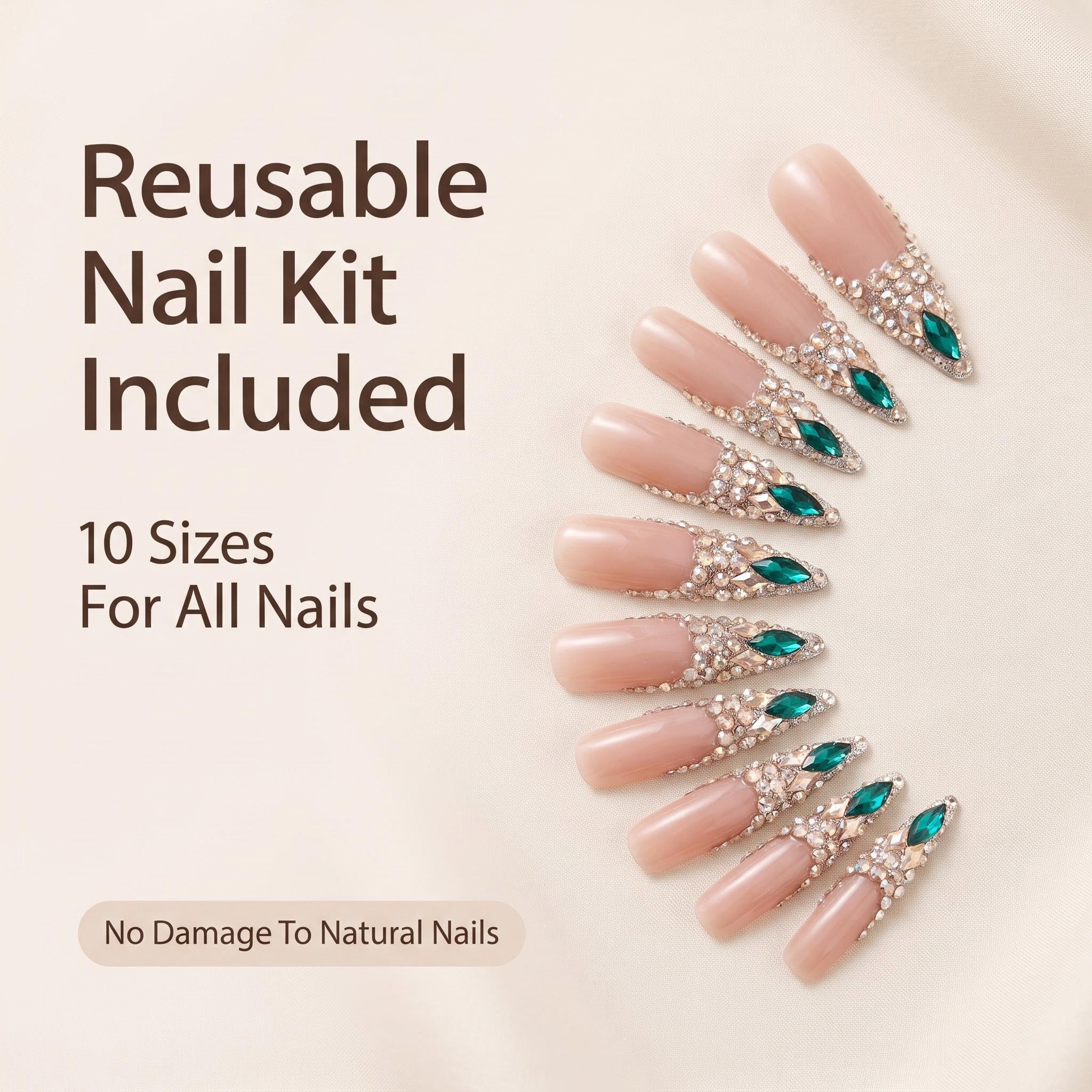 Nude Champagne Emerald Swarovski Crystal Long Coffin Press On Nails