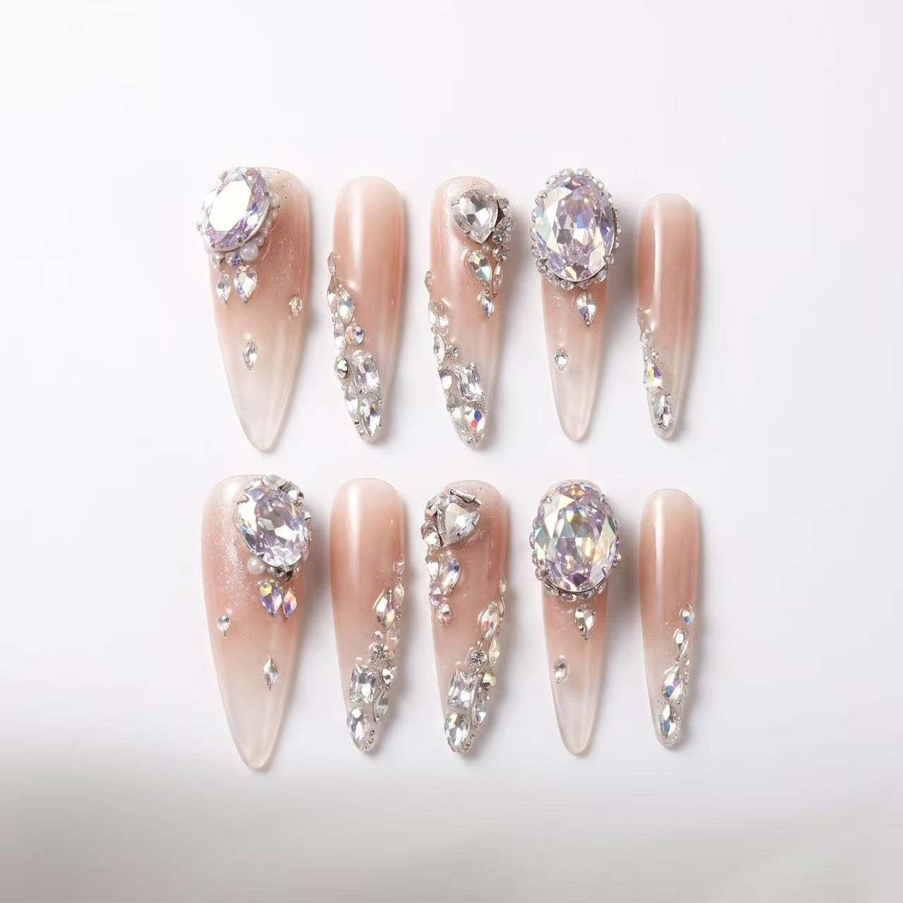 Nude Pink Gradient Big Swarovski Crystal Stiletto Press On Nails | Luxury Wedding Reusable False Nails